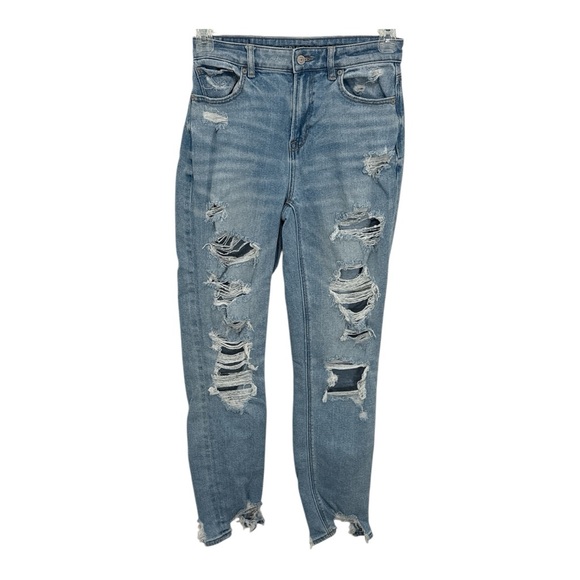 American Eagle Stretch Distressed Mom Jeans Mid Rise Size 2 Long - Picture 1 of 5